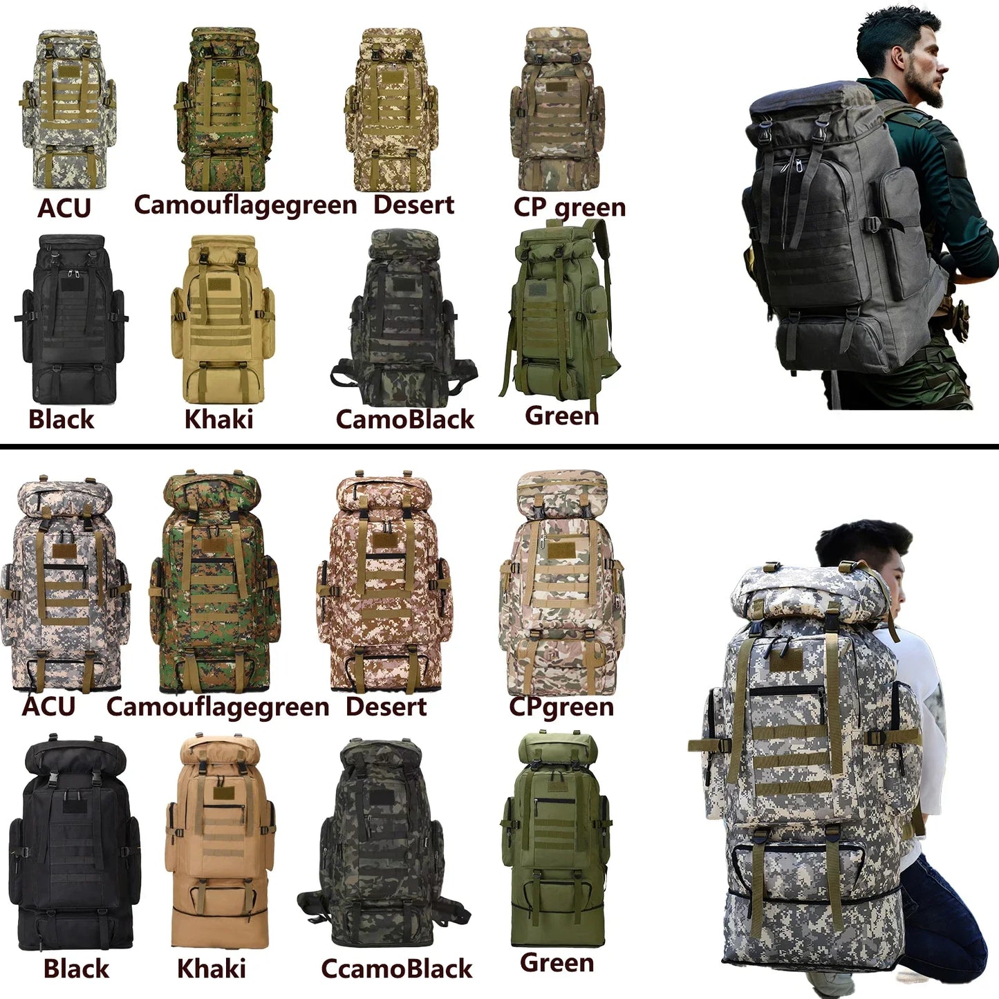 Tactical Mountaineering Backpack 80L / 100L (≈21 / 26 US gal) – Large Hiking, Camping & Travel Rucksack with Molle, Oxford Polyester