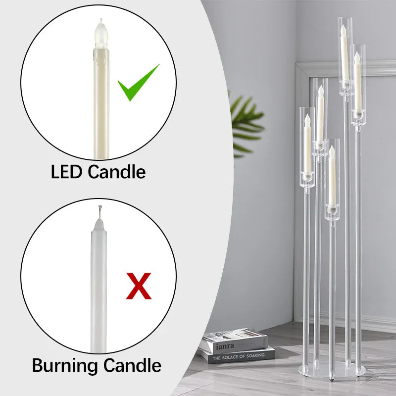 10-Pack Clear Acrylic 5-Arm Floor Candelabra 45.7in (116cm) – Wedding Table & Ceremony Centerpiece Candlestick Holder (LED Taper Compatible)