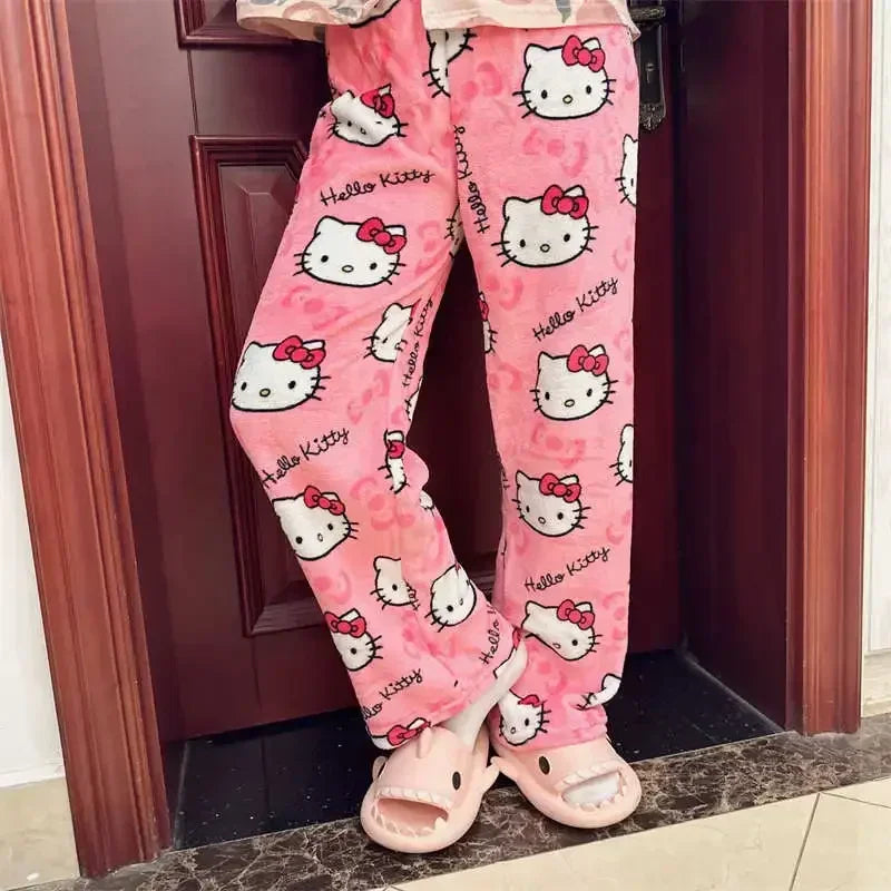 Women’s Flannel Fleece Pajama Pants – Kawaii Cartoon Elastic Waist Lounge & Sleep Trousers, Soft Anime Sleepwear Gift