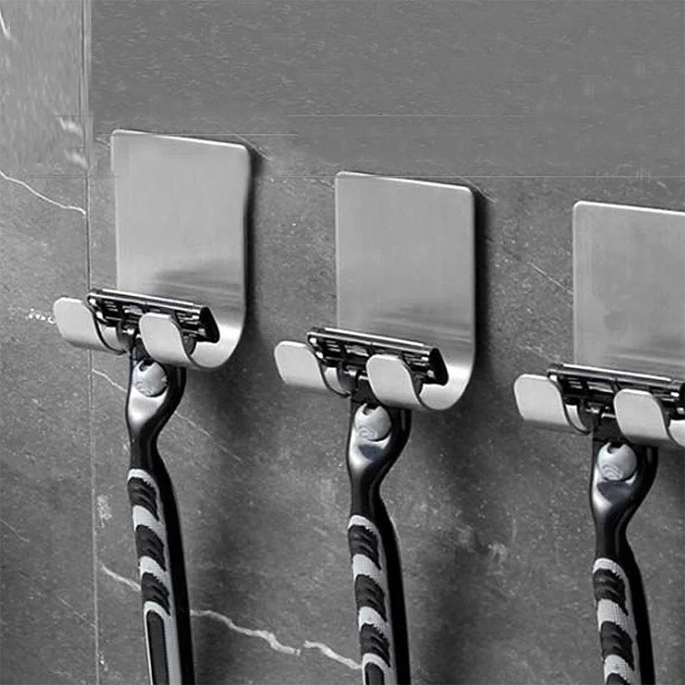 Stainless Steel Self-Adhesive Razor Hook – Wall-Mount Shaver Holder with Double Hooks for Bathroom & Kitchen