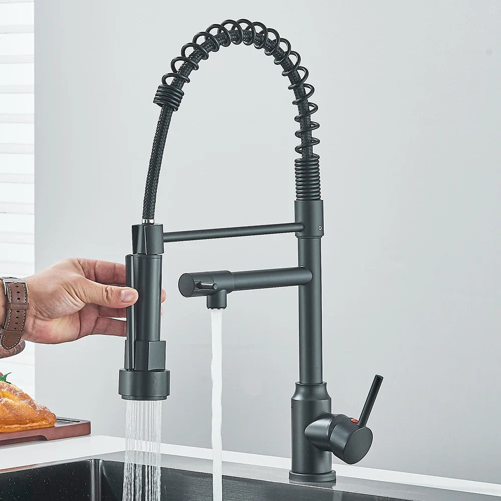 Pull-Down Spring Kitchen Faucet Single Lever Mixer Retractable Dual Spout Hot & Cold Stainless Steel