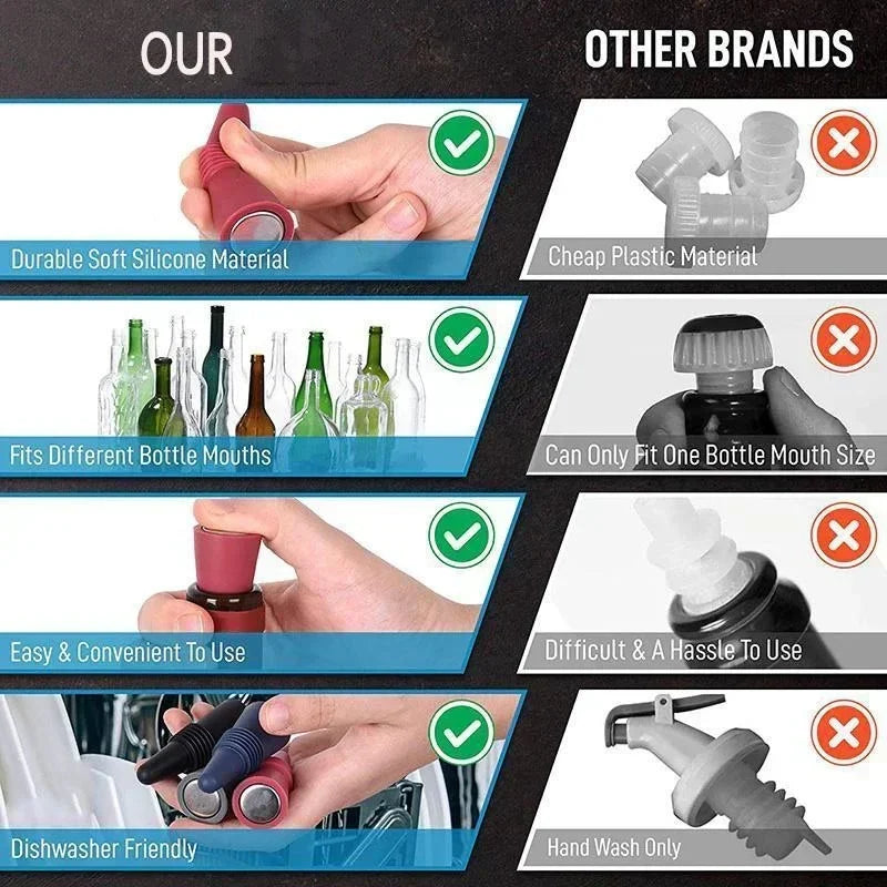 Silicone Wine Bottle Stopper with Stainless Steel Top - Leakproof Reusable Champagne & Beverage Sealer