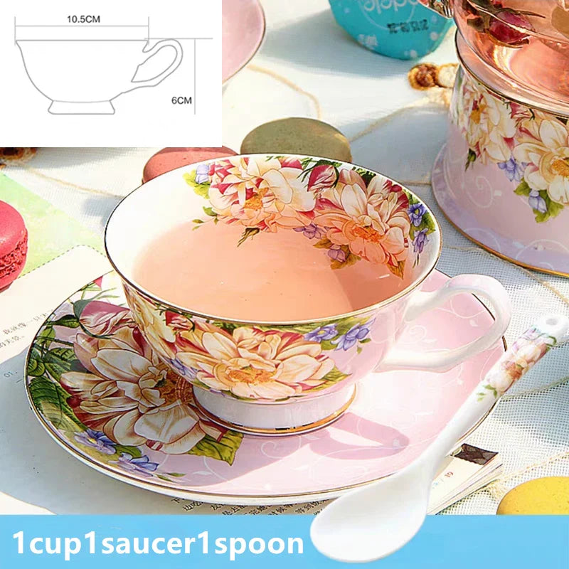Bone China Afternoon Tea Cup Set with Saucer & Spoon — 200–210ml (6.8–7.1 fl oz) Teacup for Home, Office & Cafe Gift