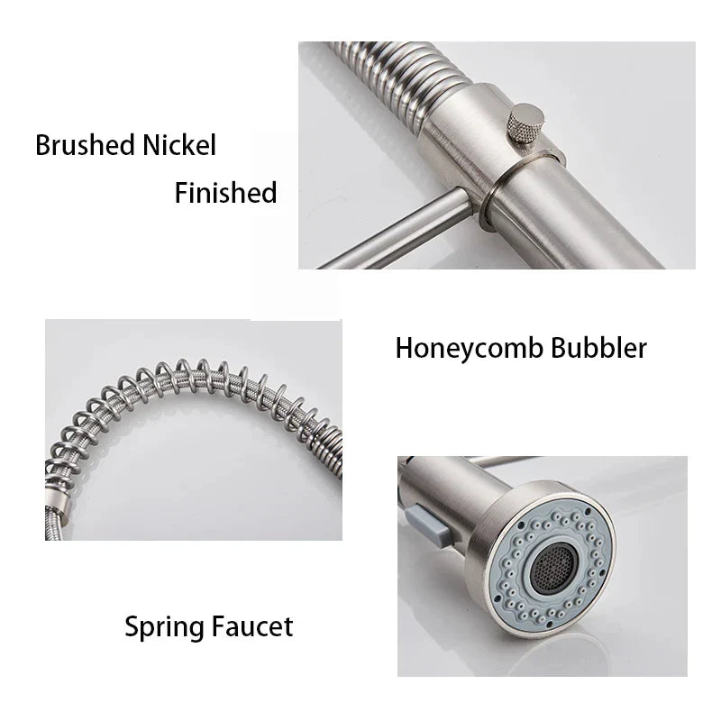 Brushed Nickel Pull-Out Kitchen Faucet — Deck-Mounted Single-Handle 360° Rotating Sprayer, Hot & Cold