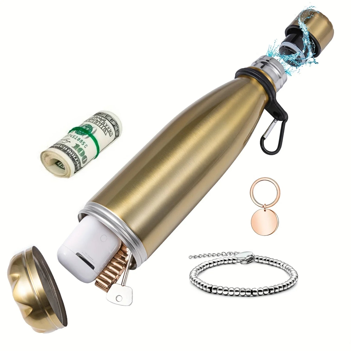 Stainless Steel Hidden Compartment Water Bottle - Diversion Safe for Keys, Cash & Valuables