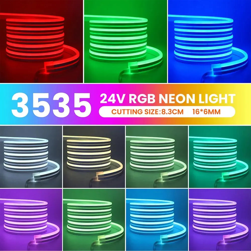 24V RGB LED Neon Strip Light – 5m/16.4ft, 10m/32.8ft, 15m/49.2ft, 20m/65.6ft, 30m/98.4ft | Bluetooth App & 24/44-Key Remote, Music Sync, 60 LED/m, IP67 Waterproof