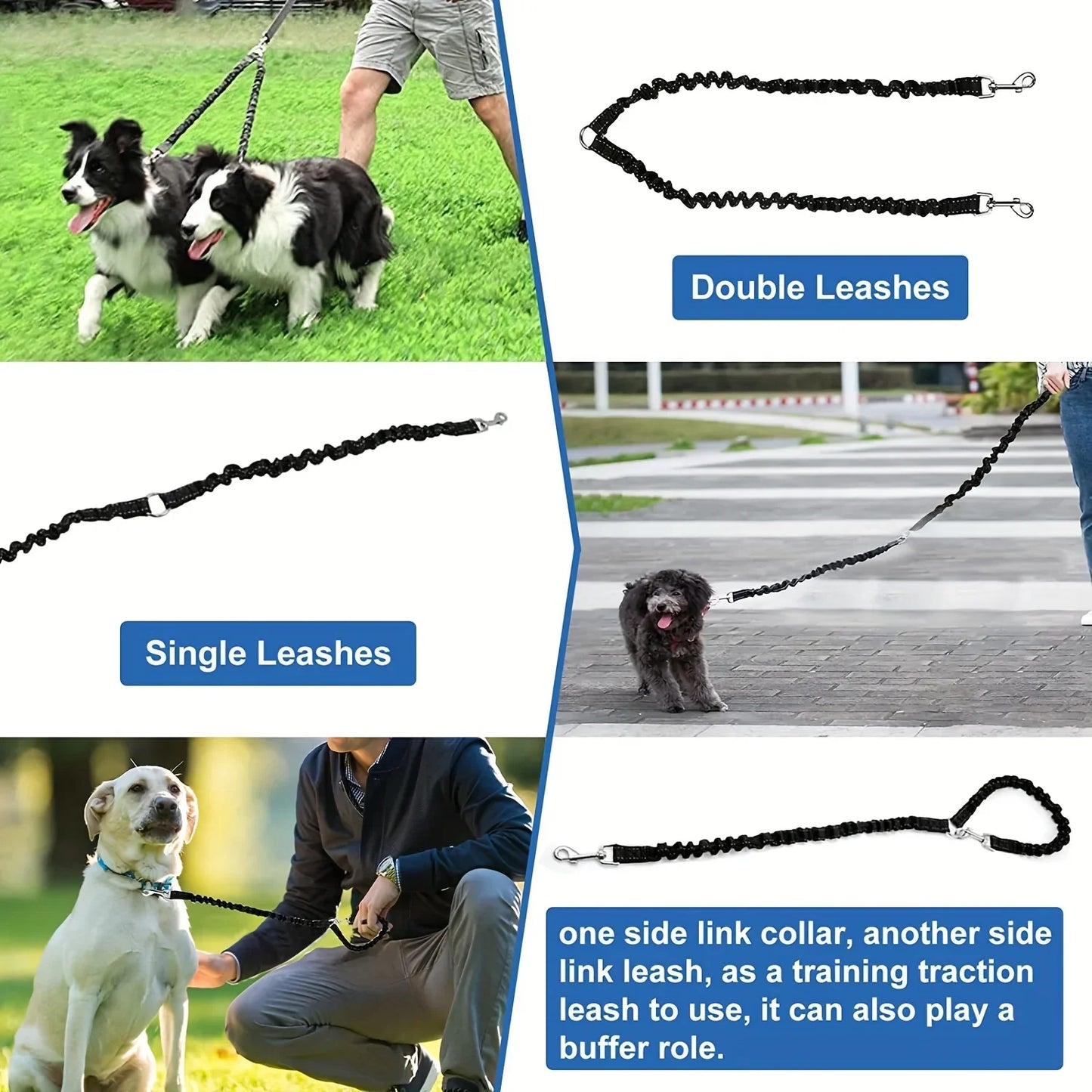 Double Dog Leash Coupler – No-Tangle Bungee Splitter with Shock-Absorbing, Reflective Lead for Safer Night Walks