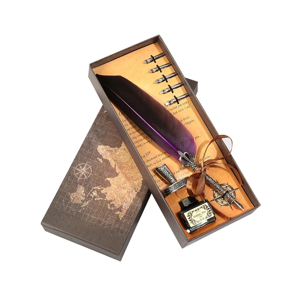 Retro Feather Dip Pen Calligraphy Set with Ink, 5 Nibs & Wax Seal Kit – Quill Writing Set for Stationery, Crafts & Gifts
