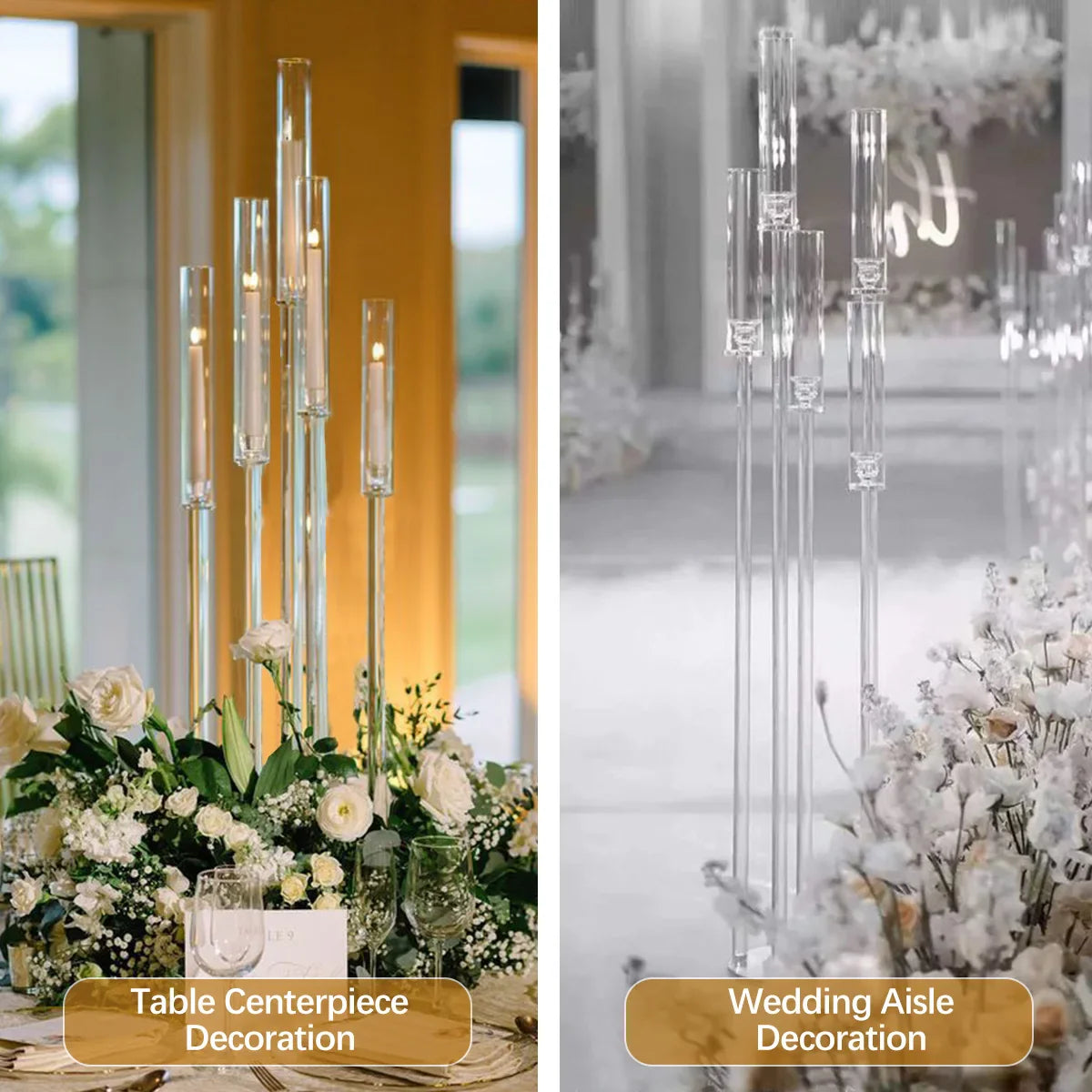 10-Pack Clear Acrylic 5-Arm Floor Candelabra 45.7in (116cm) – Wedding Table & Ceremony Centerpiece Candlestick Holder (LED Taper Compatible)