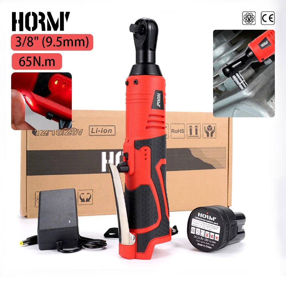 Cordless 3/8 in (9.5 mm) Right-Angle Ratchet Wrench — 18V Rechargeable, 65 N·m Torque for Car Repair