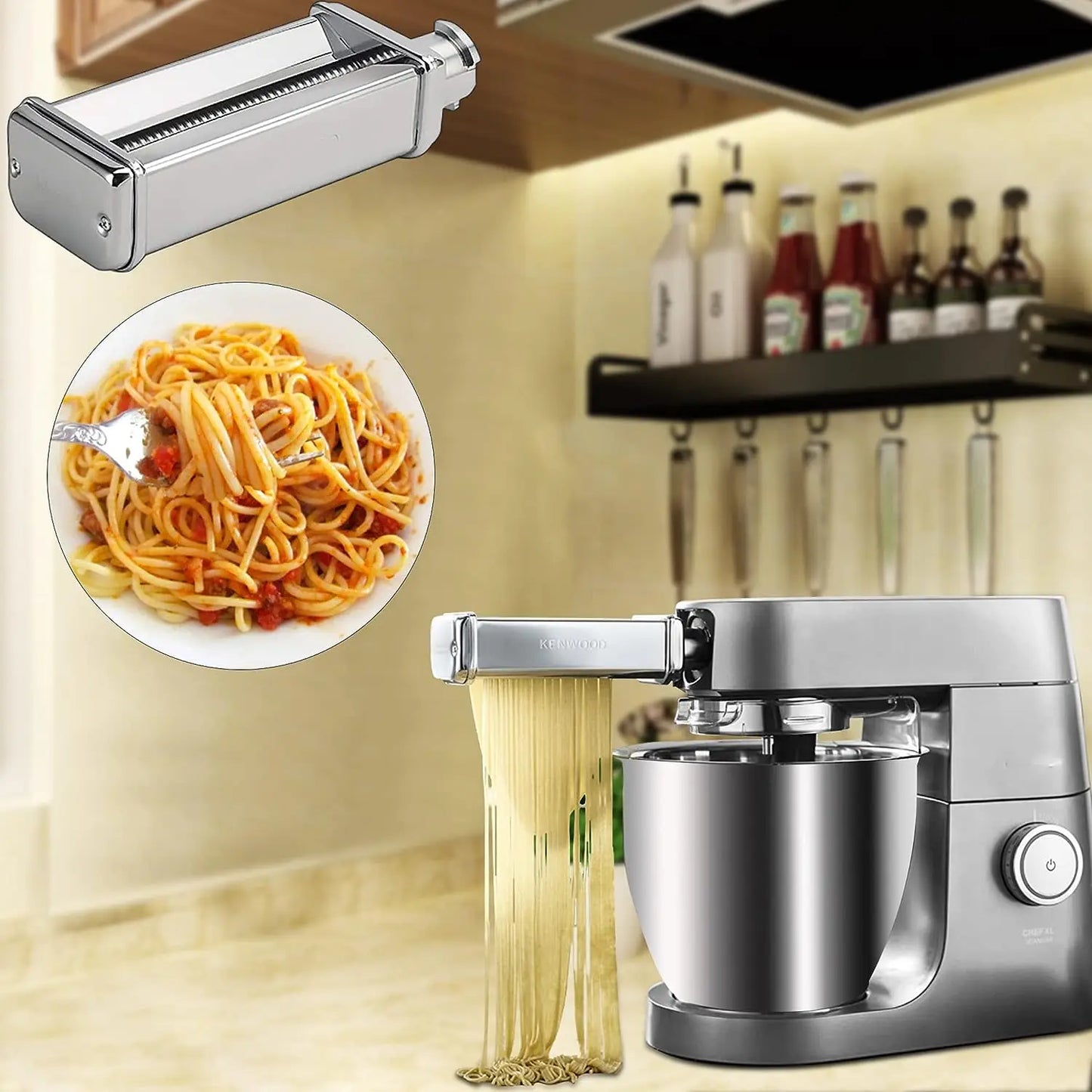 Stand Mixer Pasta & Meat Grinder Attachment Kit – Stainless Steel Fettuccine Cutter 6mm, Adjustable Roller, Sausage Stuffer & Cleaning Brush
