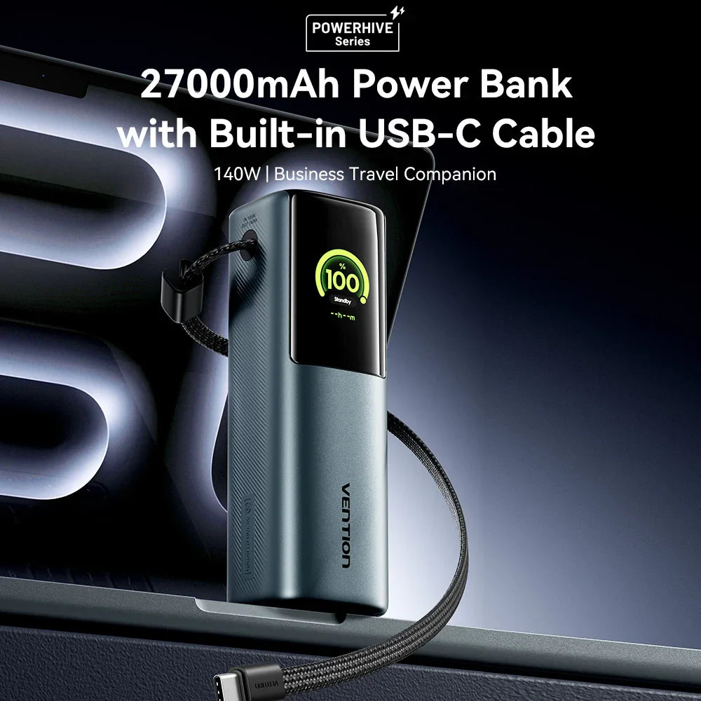 200W 27000mAh Power Bank PD Fast Charger with Built-in USB-C Cable - Portable Laptop External Battery (USB-A/USB-C)