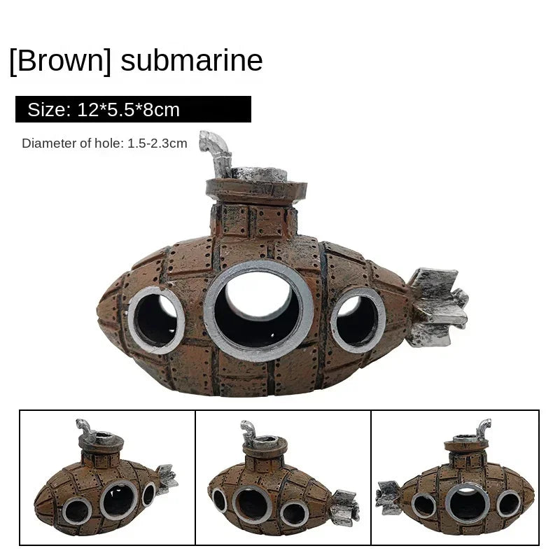 Resin Submarine Aquarium Ornament - Fish Tank Decoration & Shrimp Shelter (13 x 6 x 9 cm / 5.1 x 2.4 x 3.5 in) - Mini 5 x 3.3 x 2.3 cm (2.0 x 1.3 x 0.9 in)