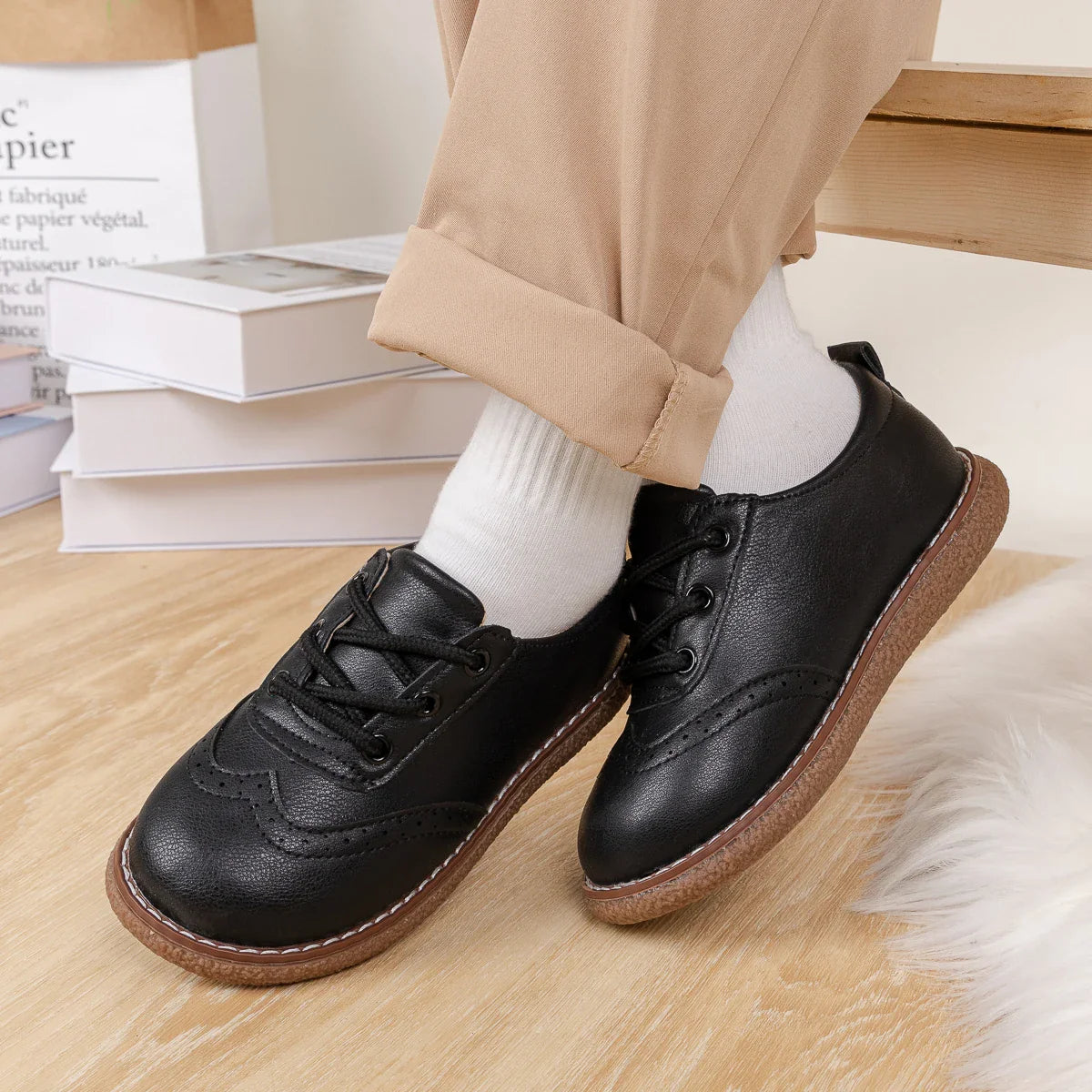 Kids Retro Leather Lace-Up Shoes – Breathable Anti-Slip Rubber Sole Flats (Ages 3–12)