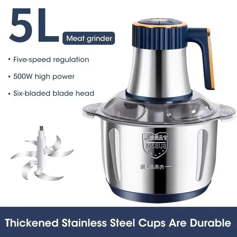 5L (1.3 gal) Stainless Steel Electric Meat Grinder - Multifunctional Food Processor with Slicer, Chopper & Blender