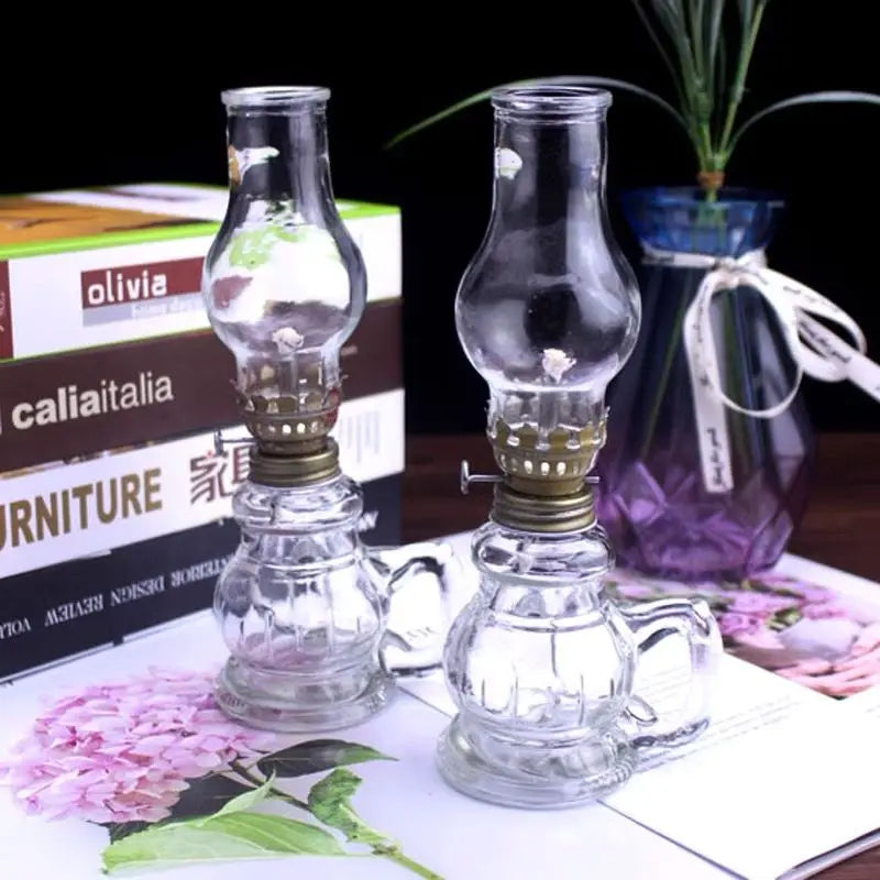 Mini Glass Oil Lamp with Shade Retro Windproof Desktop Kerosene Lantern Candle Holder — 19.5 cm (7.7 in)