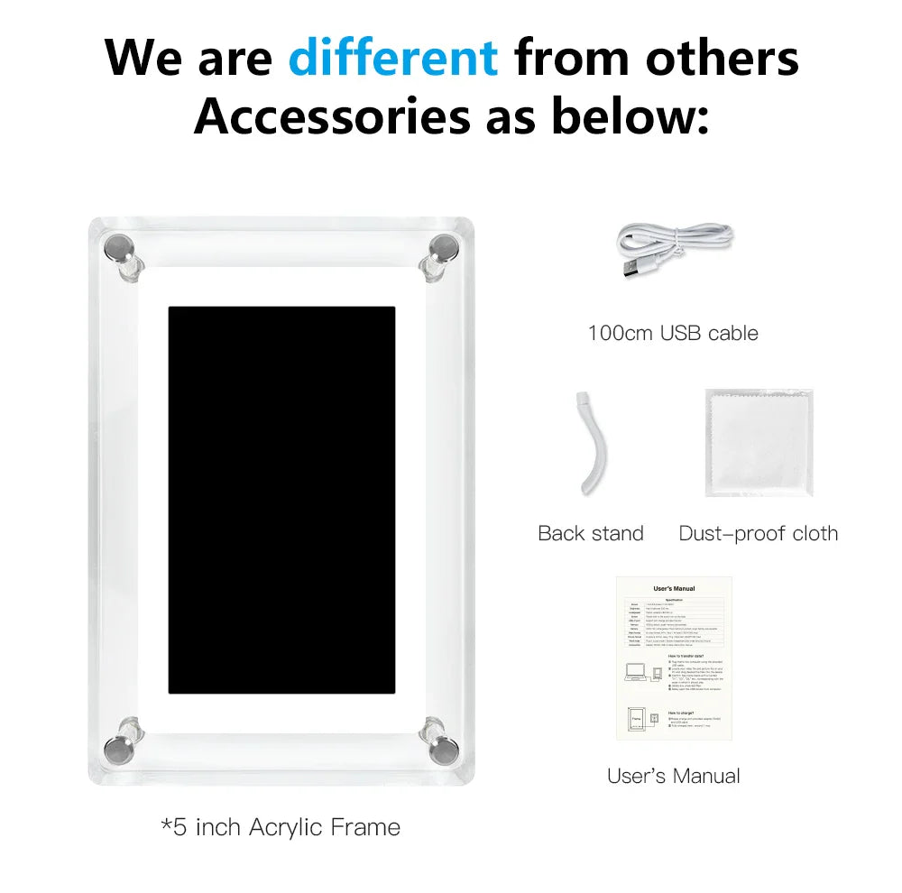 5-Inch Acrylic Digital Photo Frame, IPS Vertical 854x480, 4GB Built-In, 1200mAh Battery, Video & MP3