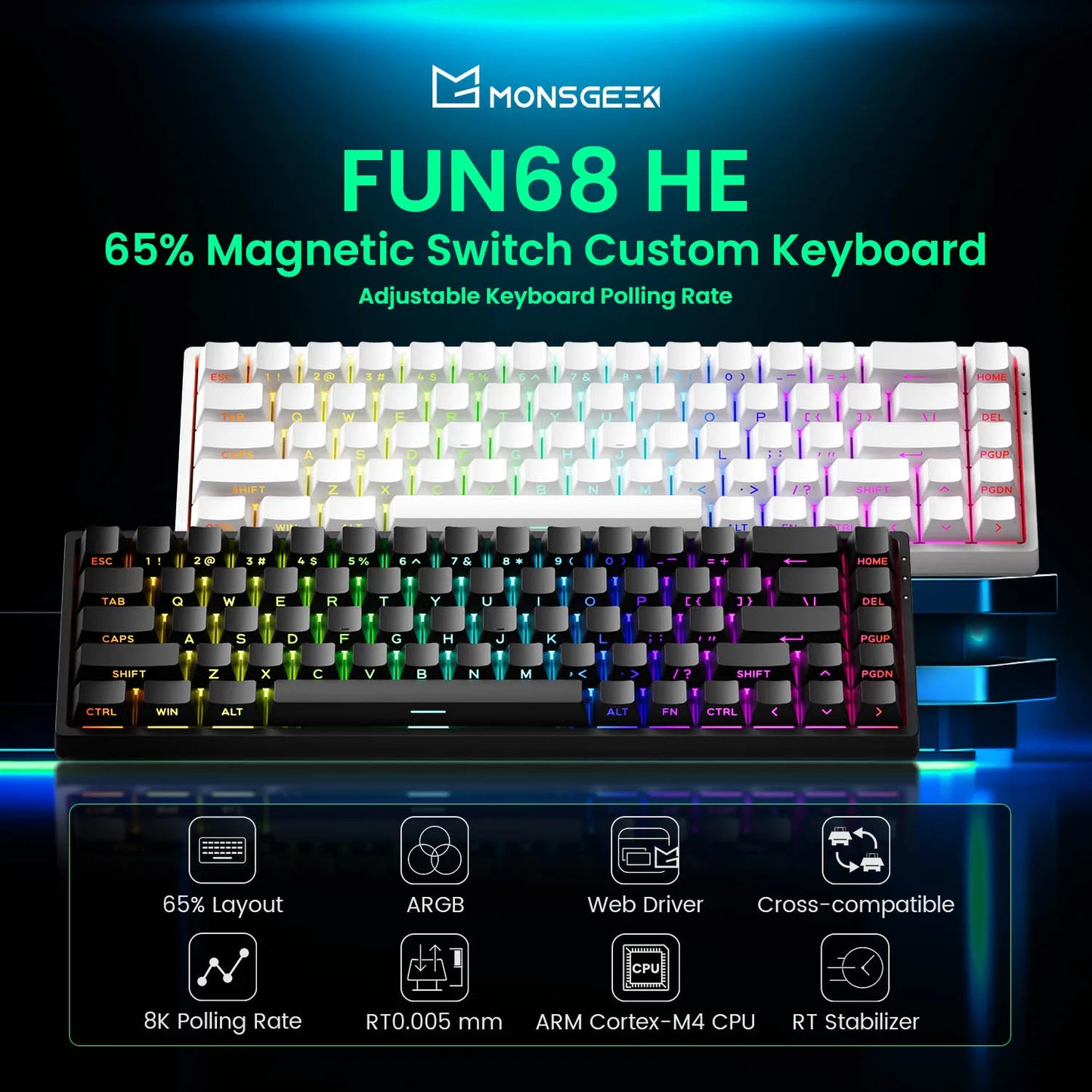 Magnetic Switch 60% & 65% Mechanical Gaming Keyboard - Rapid Trigger RT, 8K Polling, Hot-Swappable, RGB, Tri-Mode USB-C/BT/2.4G