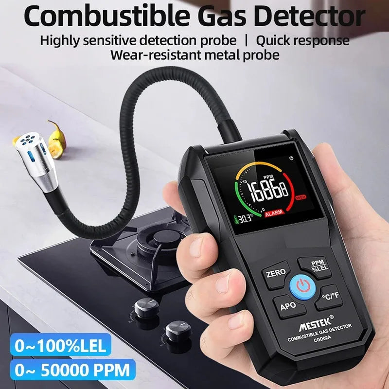 Combustible Gas Leak Detector 0-100% LEL / 0-50,000 ppm — LCD Screen, Sound & Light Alarm, 10.6in (270mm) Flexible Probe, Portable