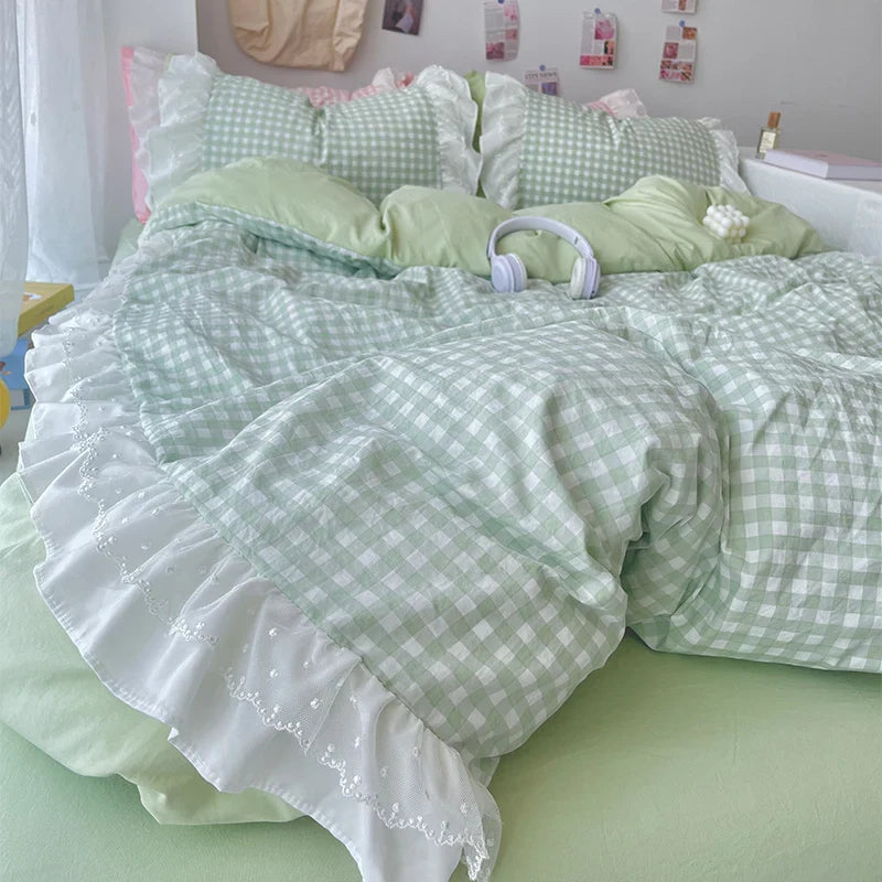Korean Princess Lattice Double-Layer Lace Duvet Cover Set — Soft Microfiber Plaid Quilt Cover with Flat Sheet & Pillowcases (Single/Full/Queen: 150×200–200×230 cm / 59×79–79×91 in)