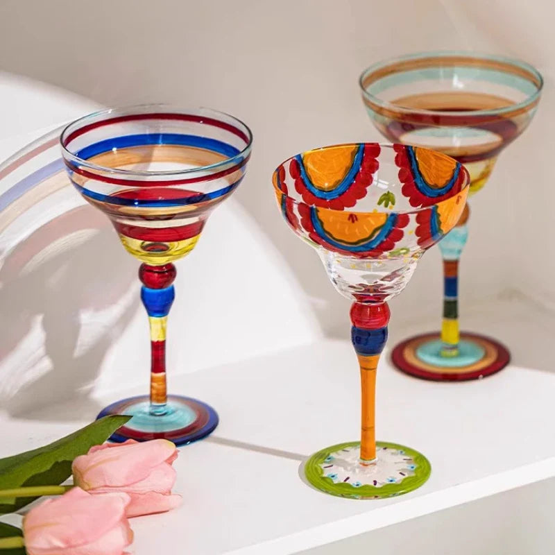 Handmade Colorful Margarita and Champagne Cocktail Glasses Set, Creative Glassware for Home Bar, Weddings and Parties