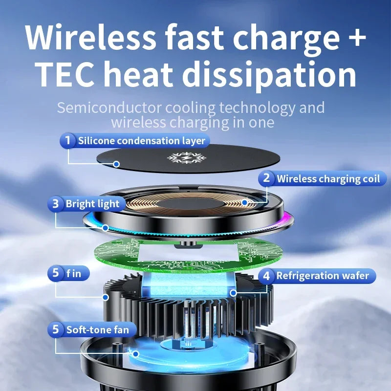 30W Magnetic MagSafe-Compatible Car Wireless Charger with Cooling Fan - Fast 360° Rotating Vent Mount Phone Holder