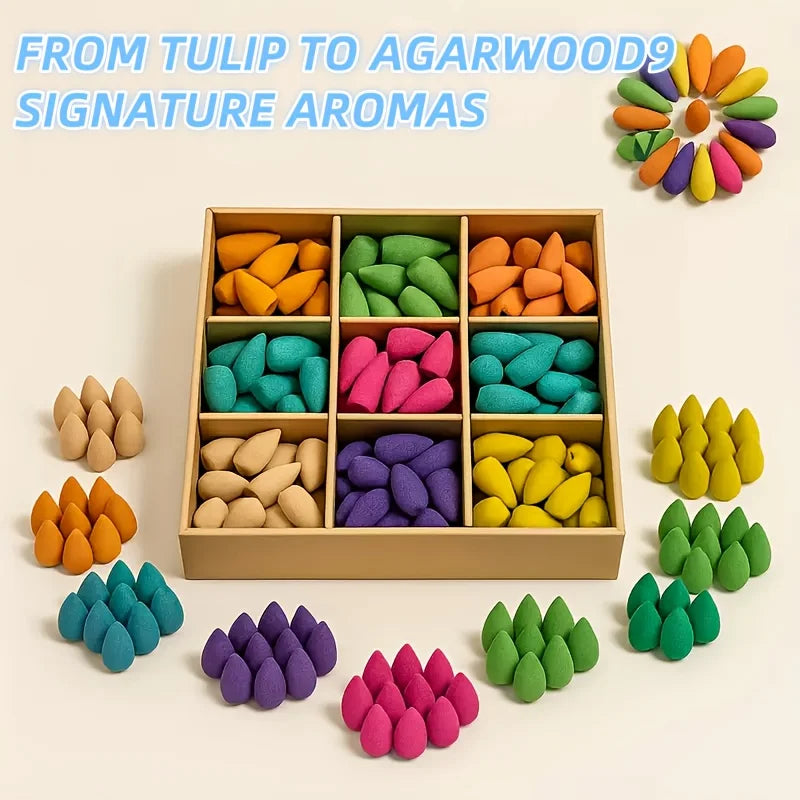 9-Pack Colorful Aromatherapy Incense Sticks, Agarwood Cone — Long-Lasting Fragrance & Smoke Falls for Relaxation