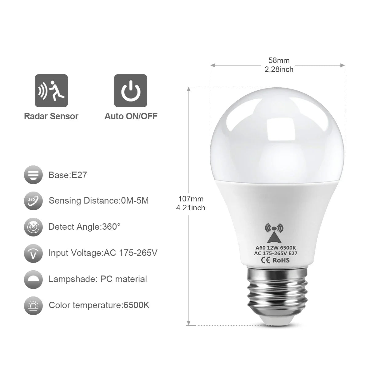 2-Pack LED Motion Sensor Night Light — Radar Microwave Induction, E27 12W, Auto On/Off in Dark, 110–220V for Bedroom & Nursery