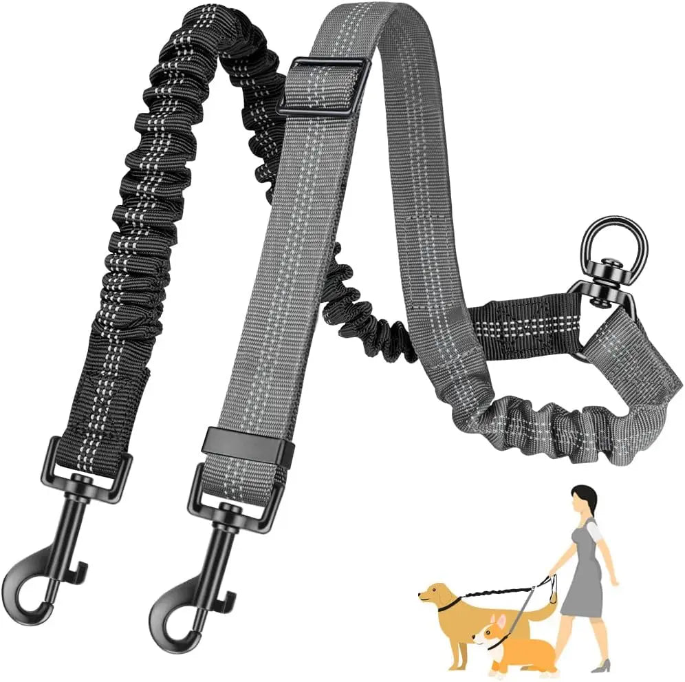 Adjustable Dual Dog Leash Coupler – No-Tangle Shock-Absorbing Bungee Splitter for Two Dogs (16.5–22.4 in / 42–60 cm, Elastic to 31.5 in / 80 cm)