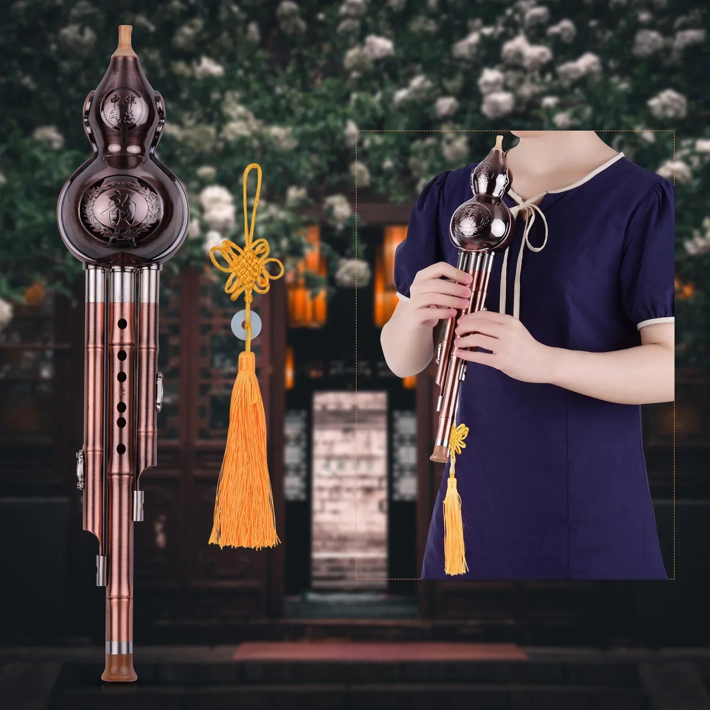 C-Key Hulusi 3-Tone Gourd Flute – Aluminum Body with Copper-Plated Pipes, Case & Decorative Knot