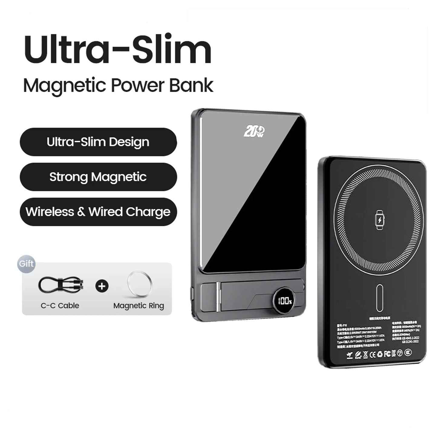 10000mAh Ultra-Slim Magnetic Power Bank 20W Fast Wireless Charger — MagSafe-Compatible for Smartphones & Smartwatches