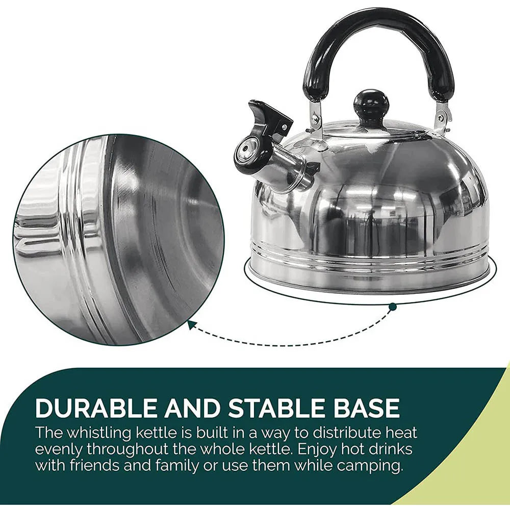 2L (68 fl oz) Stainless Steel Whistling Kettle – Portable Camping Teapot & Coffee Pot with Folding Handle