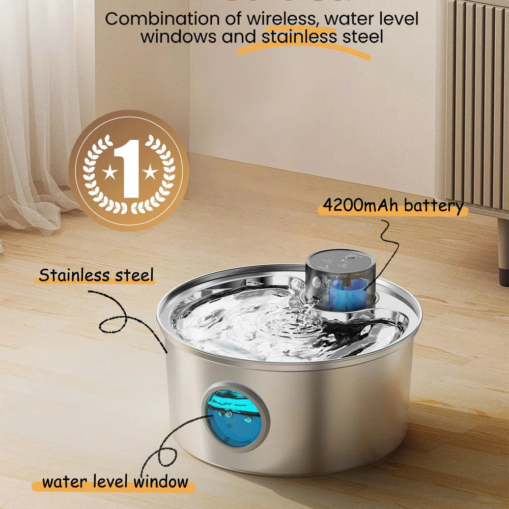 3.2L (108 fl oz / 0.85 gal) Rechargeable USB Stainless Steel Cat and Dog Water Fountain with Automatic Sensor for Multiple Pets