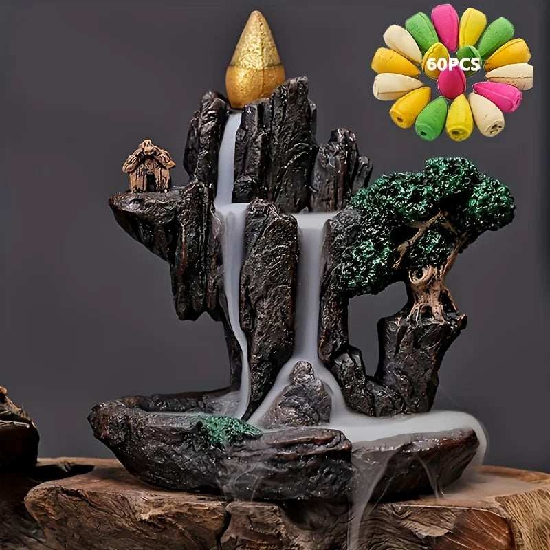 Backflow Incense Burner Fountain - Mountain River Waterfall Resin Smoke Censer with 60 Incense Cones