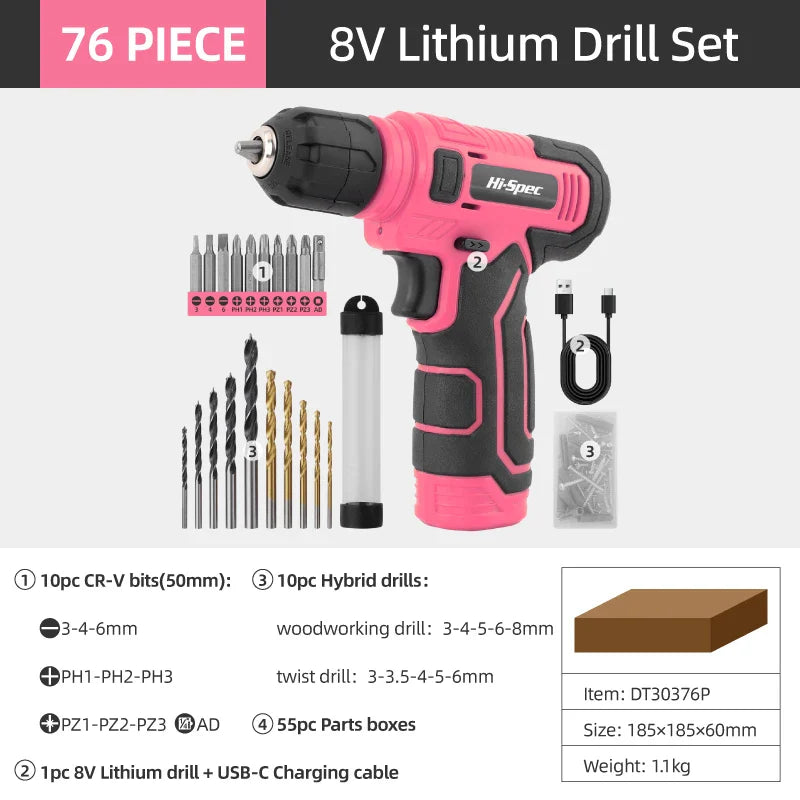 133-Piece Pink Power Tool Set with 8V Lithium Cordless Drill, Magnetic Precision Bits & 3-Tier Toolbox
