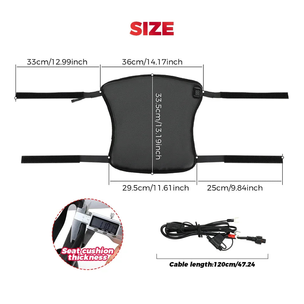 12V Universal Heated Motorcycle Seat Cushion - Waterproof Electric Heating Pad Mat 335x360mm (13.2x14.2in) with 3 Heat Settings