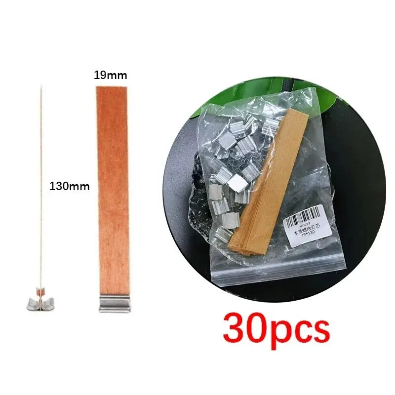 30-Pack Premium Wooden Candle Wicks with Metal Clip Bases for Candle Making – Paraffin & Beeswax Smokeless Wicks