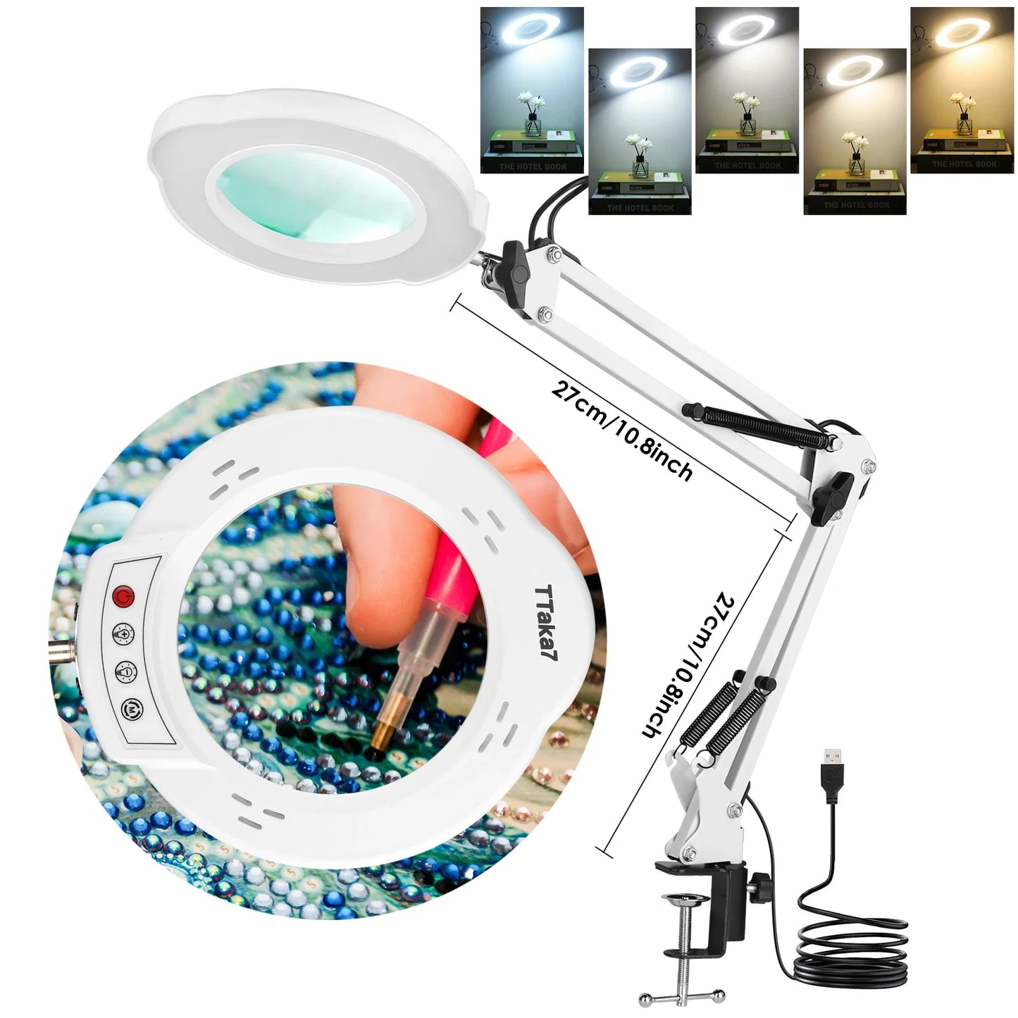 72-LED 4.2-Inch (106 mm) 8X/10X USB Illuminated Magnifying Lamp — 3-Color LED, Adjustable Swing Arm Clamp for Soldering, Repair & Beauty