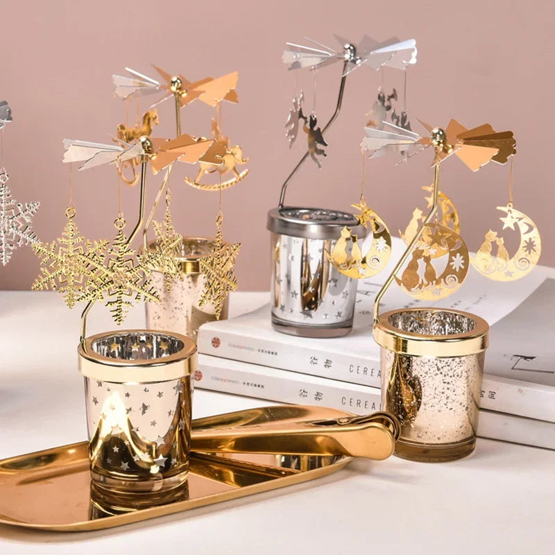 Rotating Tea Light Candle Holder Carousel Stand 6.7x3.1in (17x8cm) Metal Spinning Candlestick Gold Silver Home Party Christmas Decor Gift