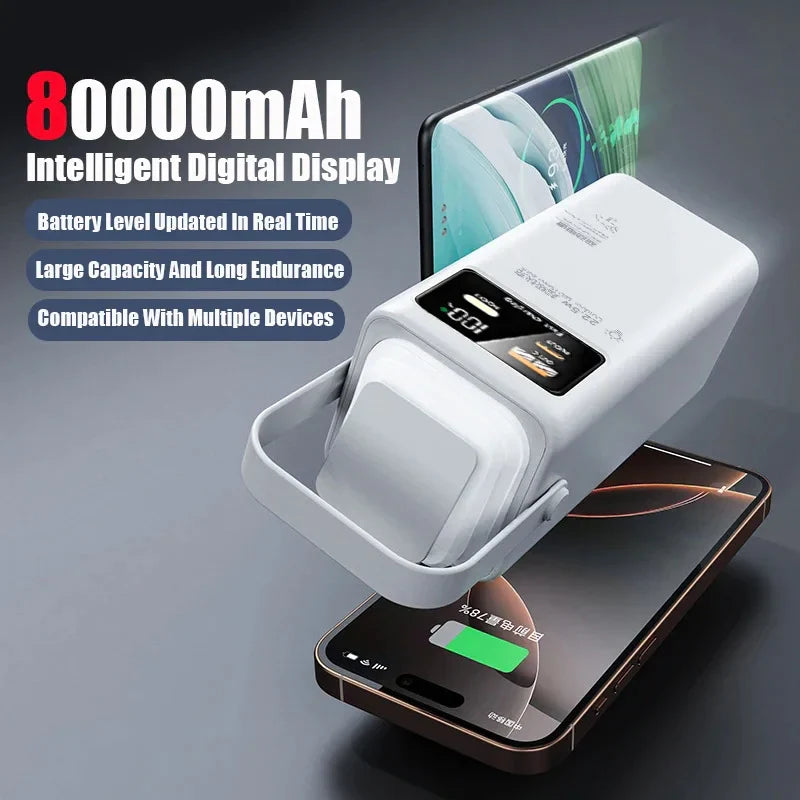 80000mAh Portable Power Bank 120W Max - Built-In Cables & Foldable Flashlight, Large Capacity Emergency Charger for iPhone Samsung