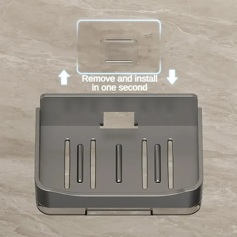 Wall-Mounted Free-Punch Soap & Sponge Holder, Double-Drain Plastic Soap Dish (11.3×8.3×4.1 cm | 4.45×3.27×1.61 in)