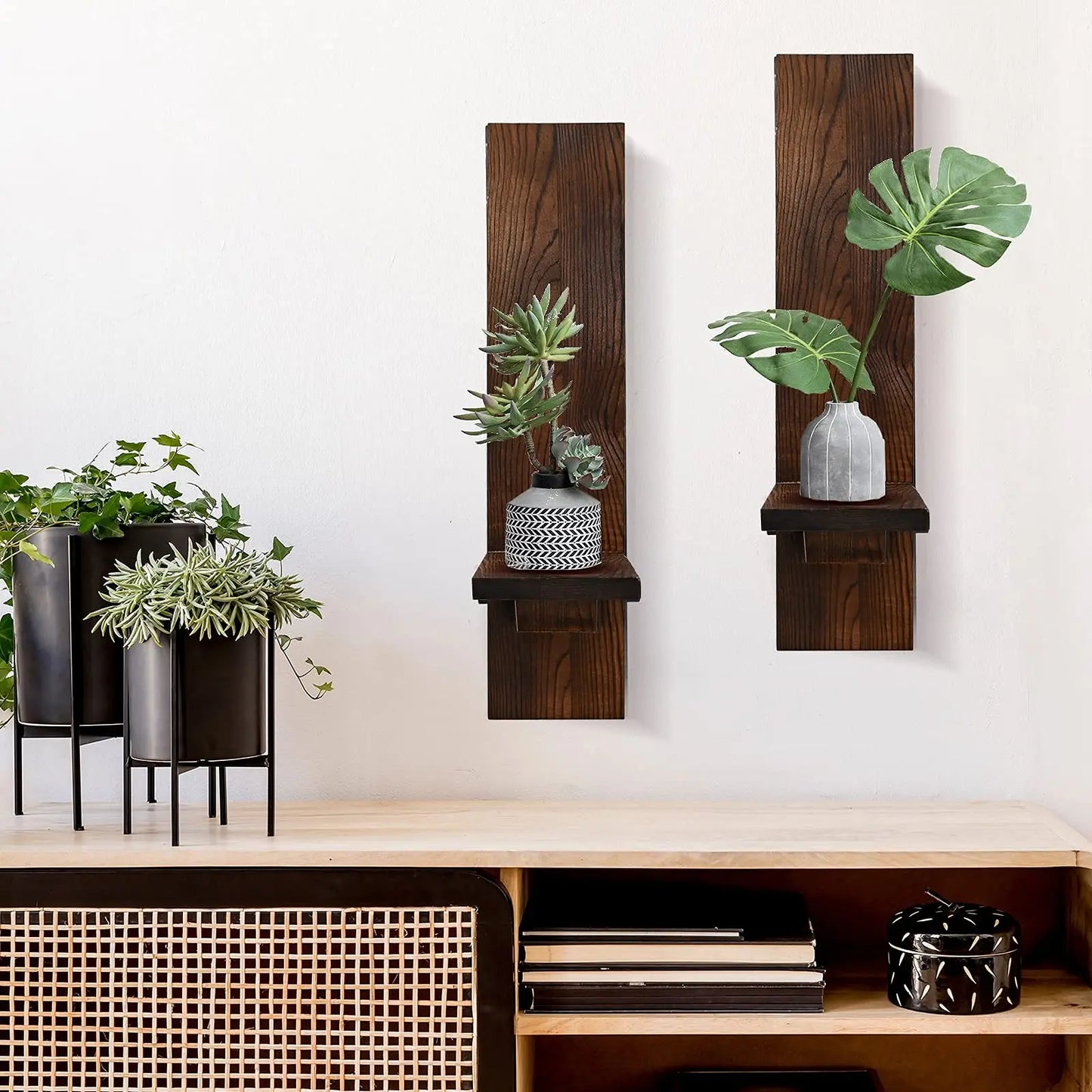 Set of 2 Wooden Wall Candle Sconces 15 in x 3.5 in x 4.3 in (38.1 x 8.9 x 10.9 cm) Rustic Wall-Mount Pillar Candle Holders