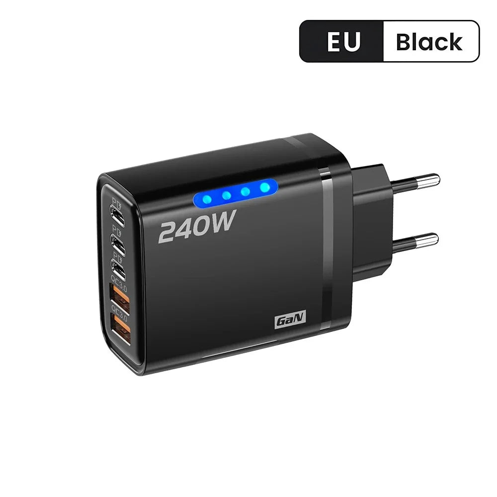 240W 5-Port USB-C PD Fast Charger GaN – Quick Charge 3.0 Adapter (3×Type-C + 2×USB-A)