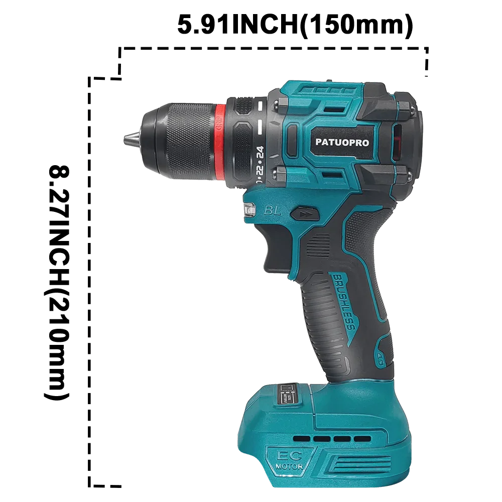 Brushless Cordless Drill 2-Speed - 3/8 in (0.8–10 mm) Keyless Chuck - 21+1 Torque - Compatible with 18V Slide Batteries (Battery Not Included)