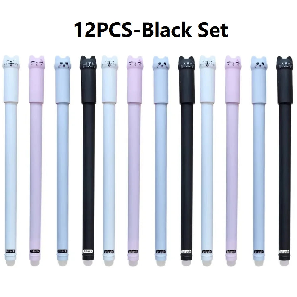 4/6/12-Pack Kawaii Cat Erasable Gel Pens 0.5mm Black & Blue Ink Refillable Cute School & Office Stationery