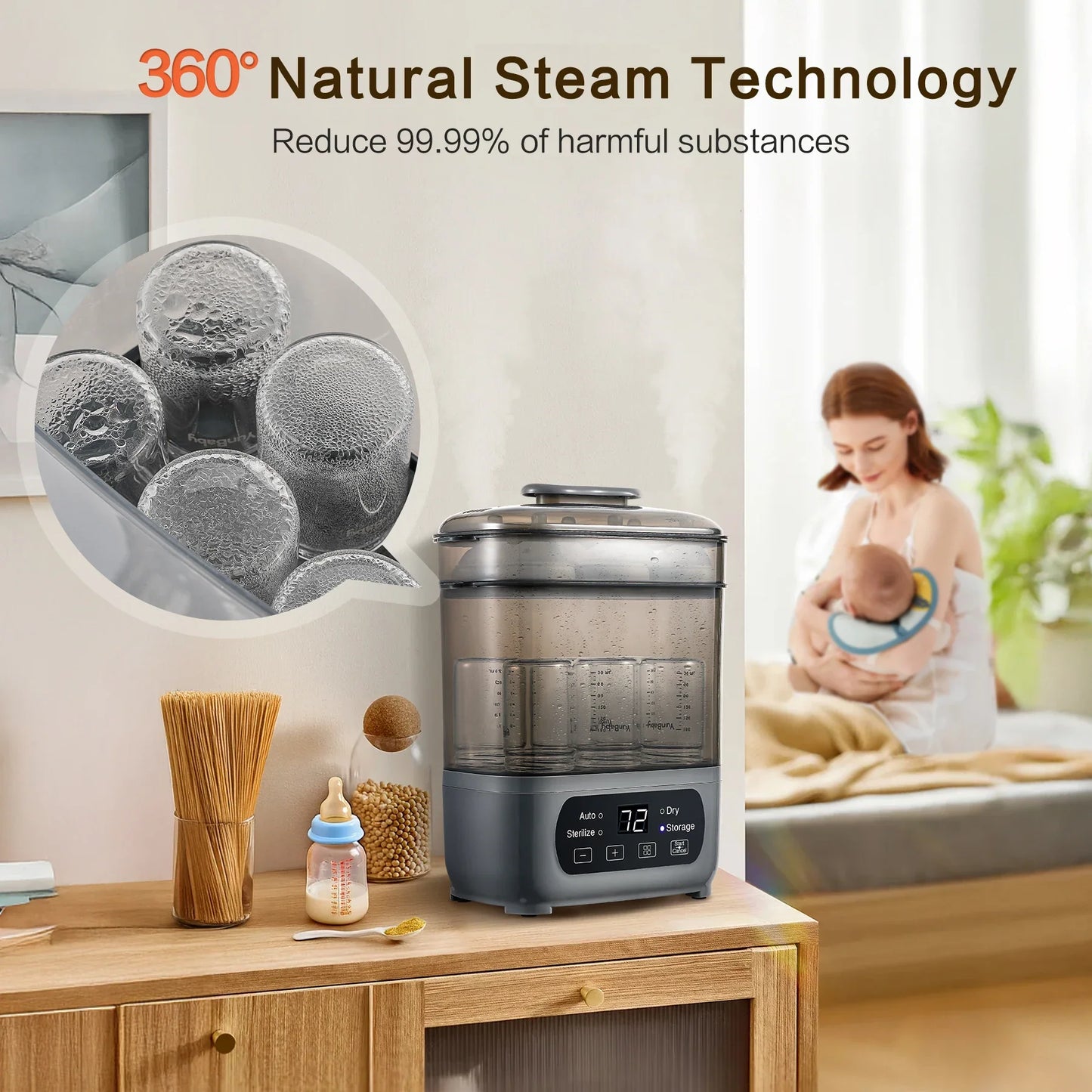 4-in-1 Baby Bottle Sterilizer & Dryer – 72H Sterile Storage, 30-Min Turbo Dry, Holds 6 Wide-Neck Bottles, 99.99% Germ-Free