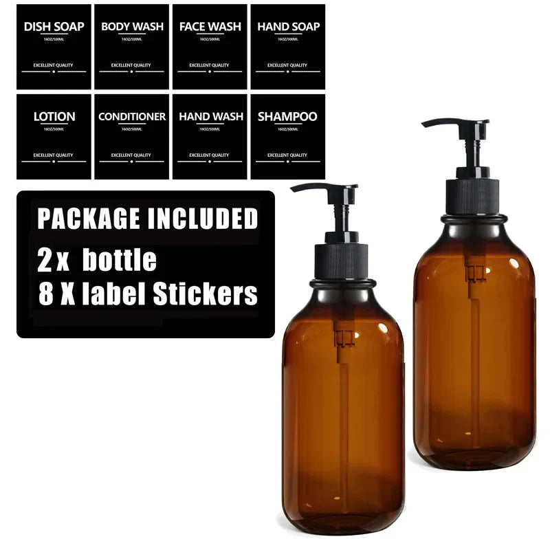 500ml (16.9 fl oz) Amber Refillable Pump Bottle Set with Black Label Stickers - Shampoo, Shower Gel & Liquid Soap Dispensers for Bathroom & Kitchen