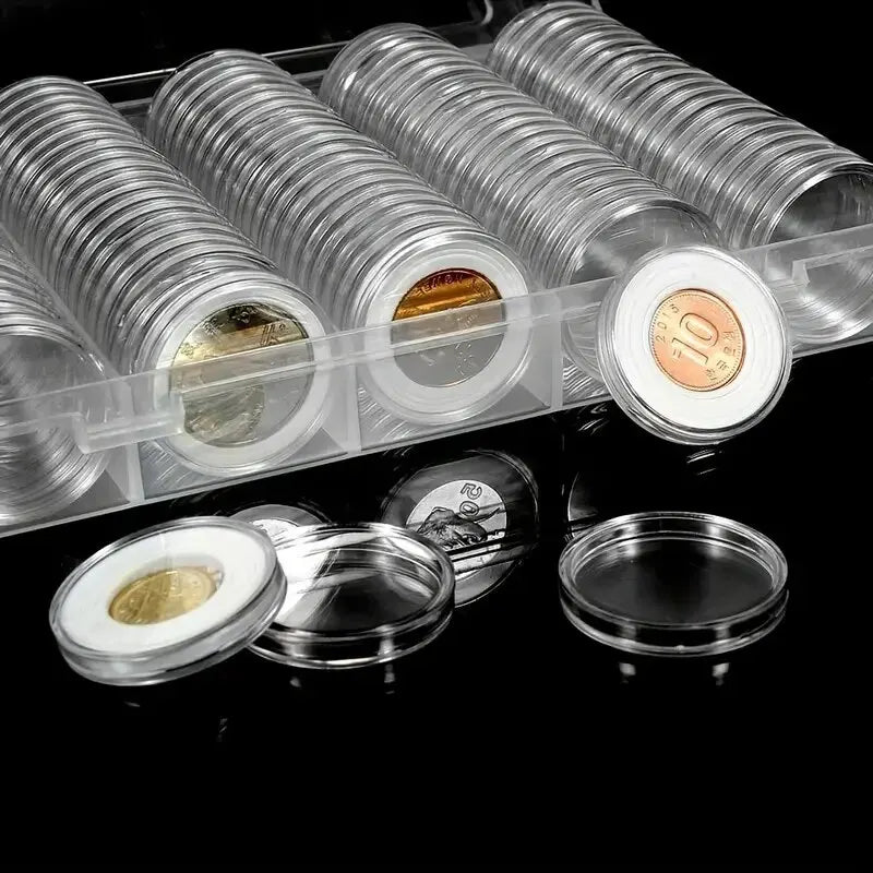 100-Pack Clear Coin Capsules Plastic Storage Organizer Box – Round Coin Protection for Collectors