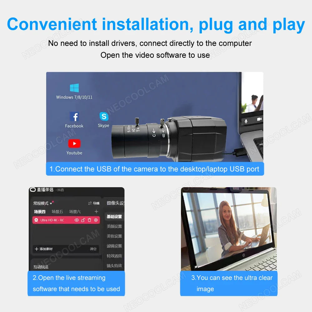 4K 8MP USB Camera – 5–50mm Varifocal Lens, 30fps UVC Plug-and-Play Webcam for PC Live Streaming & Teaching