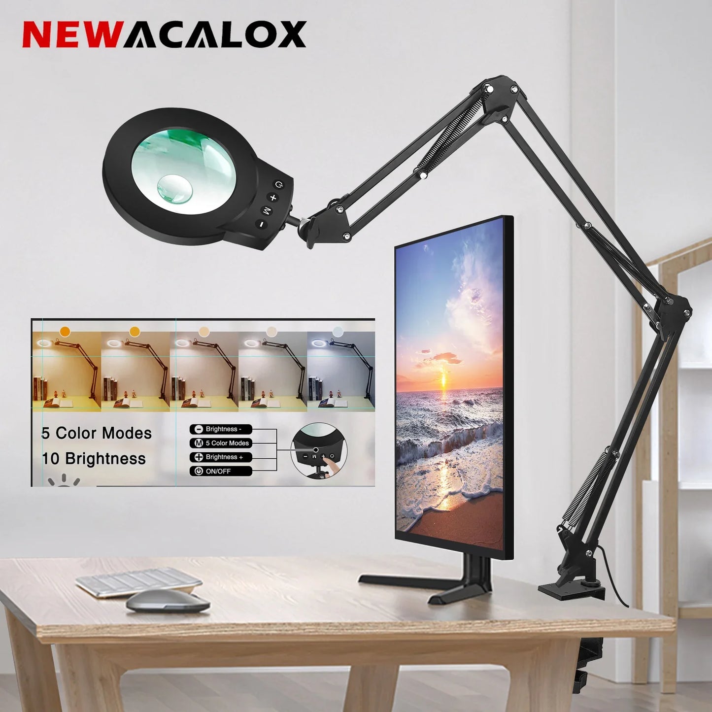 Adjustable 5X/10X Magnifying Lamp with 110mm (4.3 in) Lens - Touch 5-Color LED, 10-Level Dimming, Long Swing Arm Clamp Light for Reading, Jewelry & Soldering